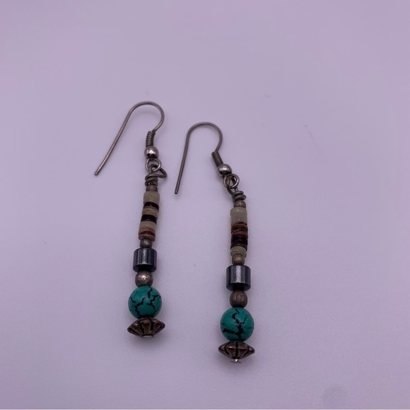 Faux Turquoise Blue and Brown Long Beaded Dangle Earrings Silver Tone Hook - Picture 3 of 5